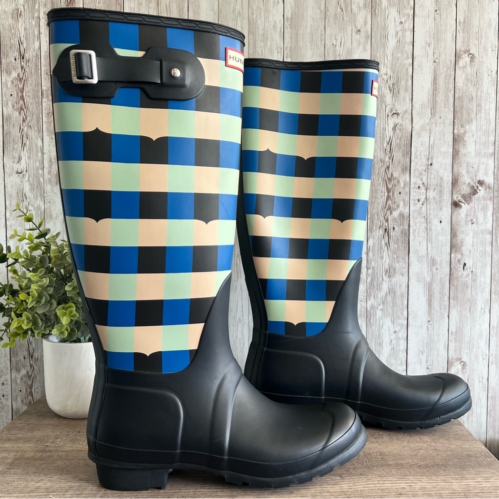 Hunter Anthropologie Gingham Checkered Tall Rain Boots Preppy Womens 9